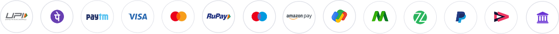 Accepted payments: UPI, PhonePe, Paytm, Visa, Mastercard, RuPay, Maestro, Amazon Pay, Google Pay, MobiKwik, ZestMoney, PayPal, Airtel Money and net banking