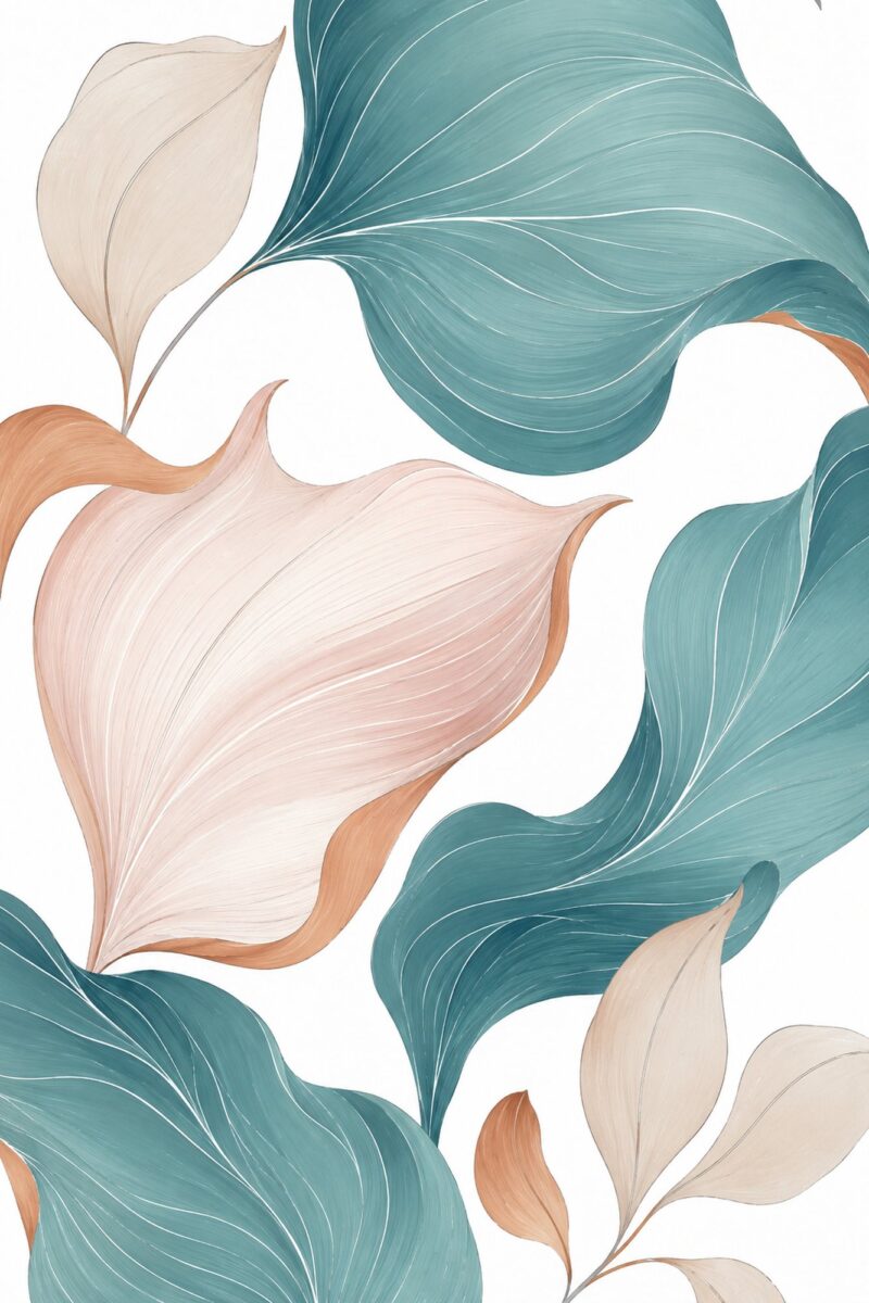 Blush & Teal Leaves III – teal, blush, peach botanical illustration canvas wall art