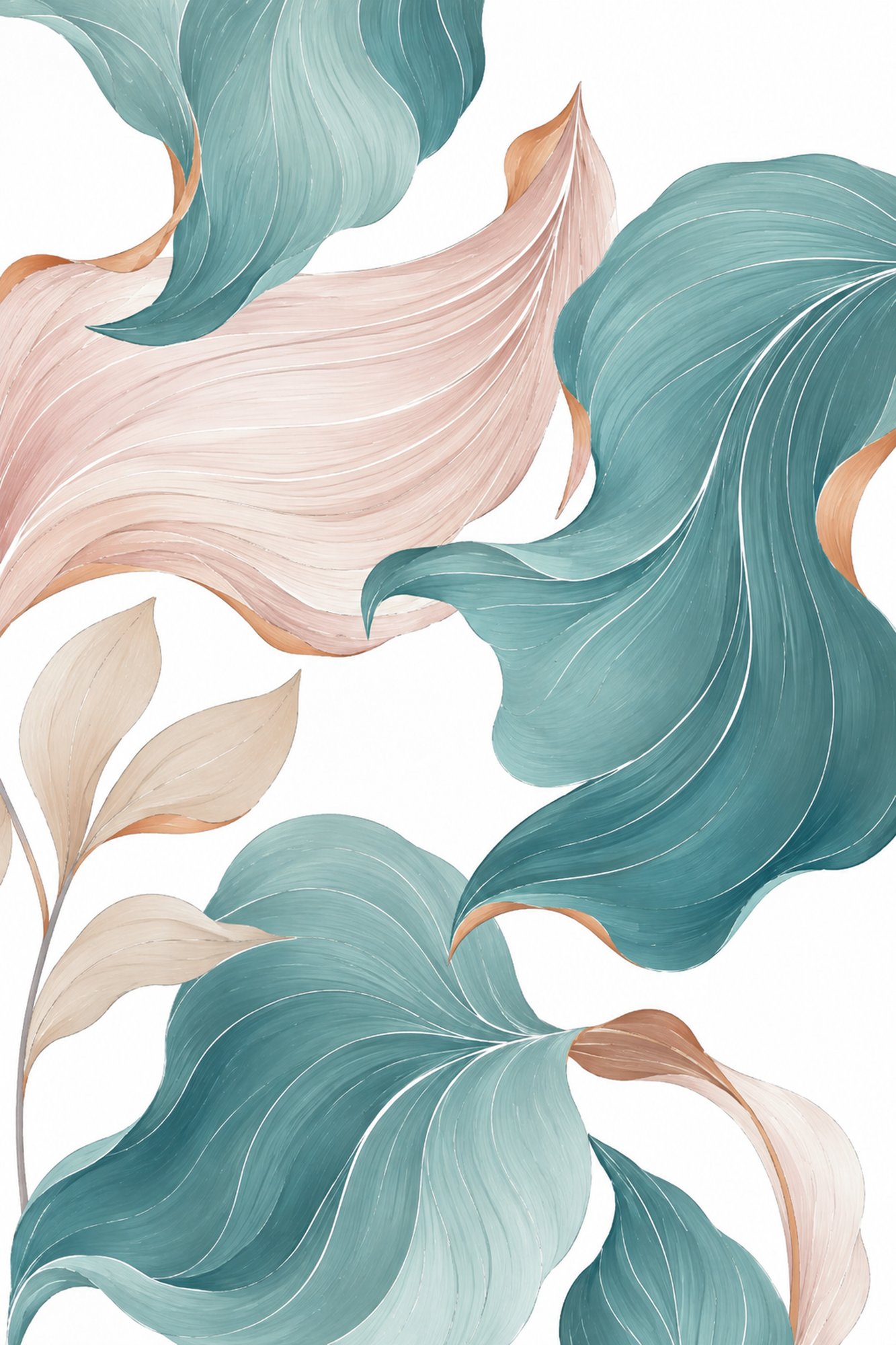 Blush & Teal Leaves IV – teal, blush, peach botanical illustration canvas wall art