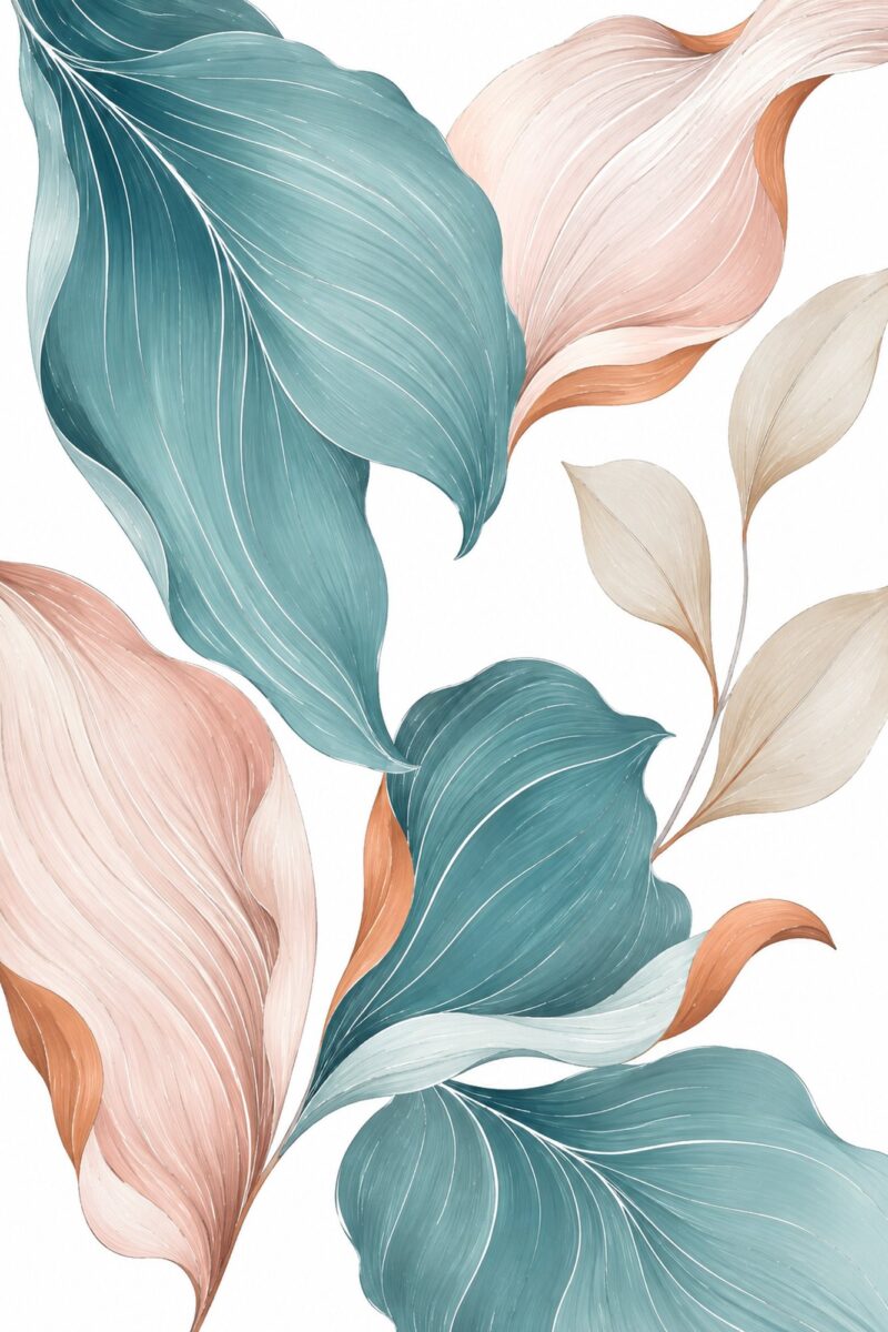 Blush & Teal Leaves V – teal, blush, peach botanical illustration canvas wall art