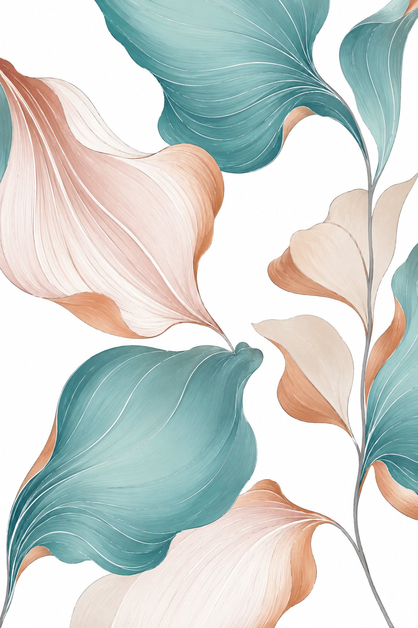 Blush & Teal Leaves VI – teal, blush, peach botanical illustration canvas wall art