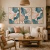 Blush & Teal Leaves botanical illustration canvas wall art styled in an interior