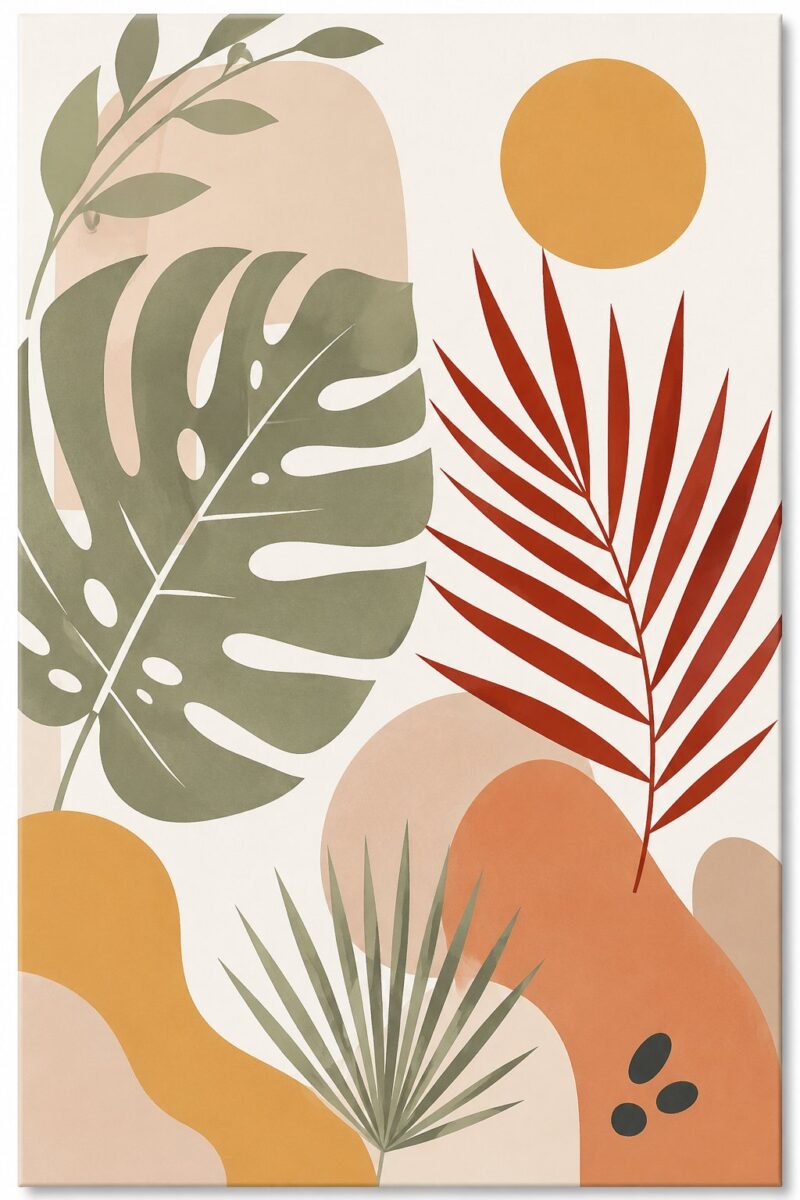 Boho Leaf Study I – sage, rust red, blush boho botanical canvas wall art