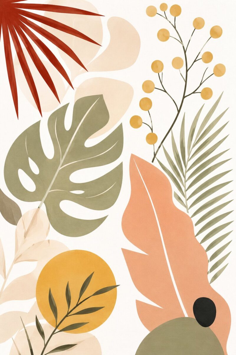 Boho Leaf Study II – sage, rust red, blush boho botanical canvas wall art