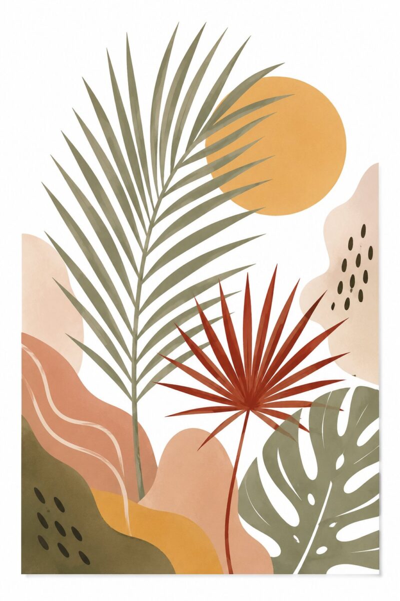 Boho Leaf Study III – sage, rust red, blush boho botanical canvas wall art