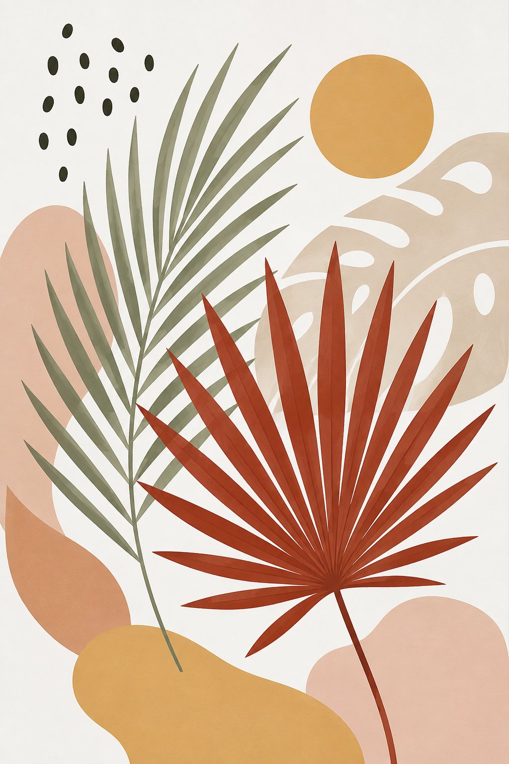 Boho Leaf Study V – sage, rust red, blush boho botanical canvas wall art