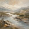 Canyon River I – silver grey, sage, ochre impressionist oil landscape canvas wall art