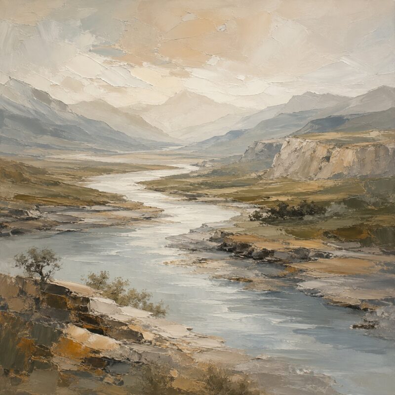 Canyon River I – silver grey, sage, ochre impressionist oil landscape canvas wall art