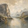 Canyon River II – silver grey, sage, ochre impressionist oil landscape canvas wall art
