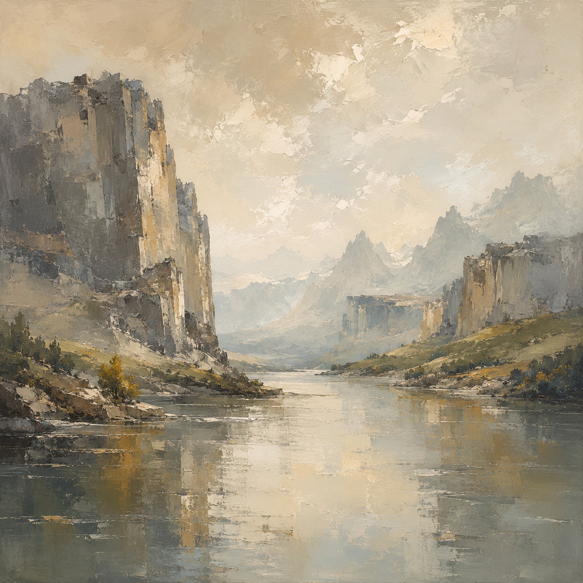 Canyon River II – silver grey, sage, ochre impressionist oil landscape canvas wall art