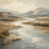 Canyon River III – silver grey, sage, ochre impressionist oil landscape canvas wall art