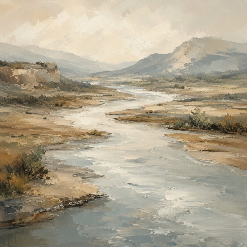 Canyon River III – silver grey, sage, ochre impressionist oil landscape canvas wall art