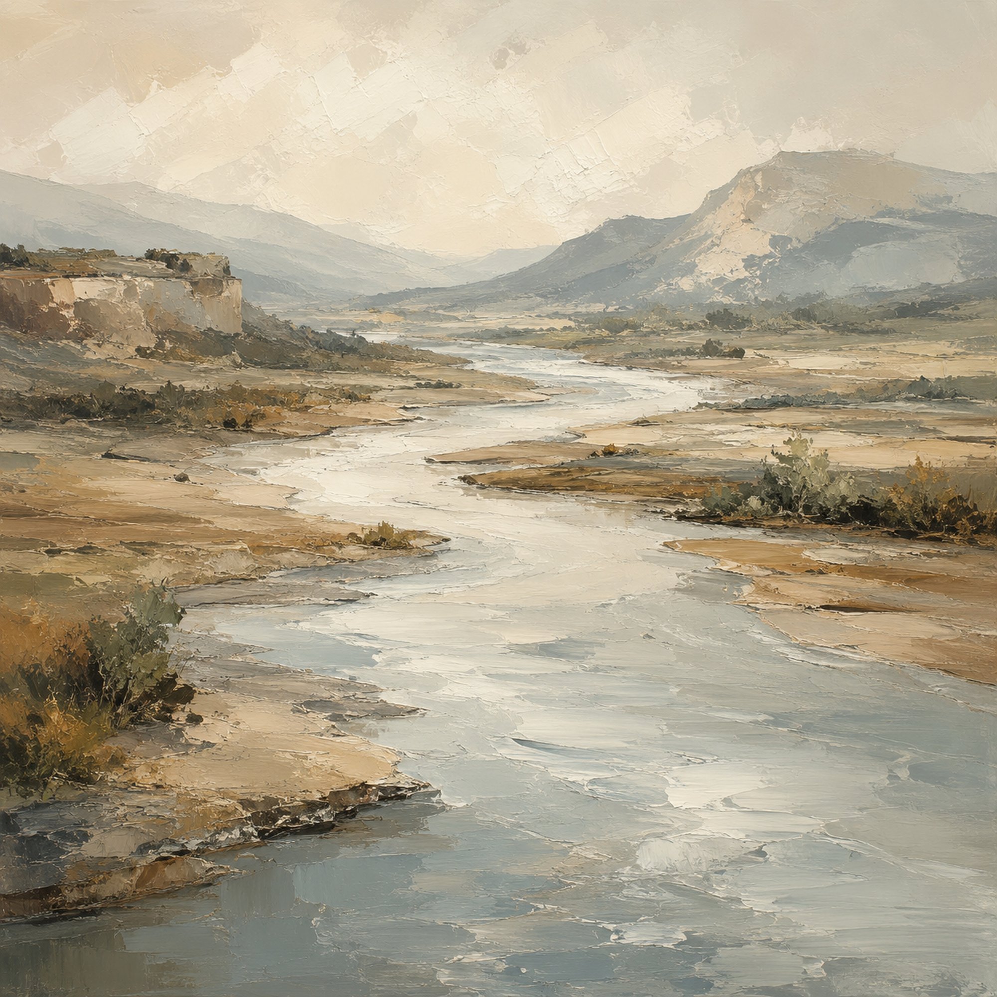 Canyon River III – silver grey, sage, ochre impressionist oil landscape canvas wall art