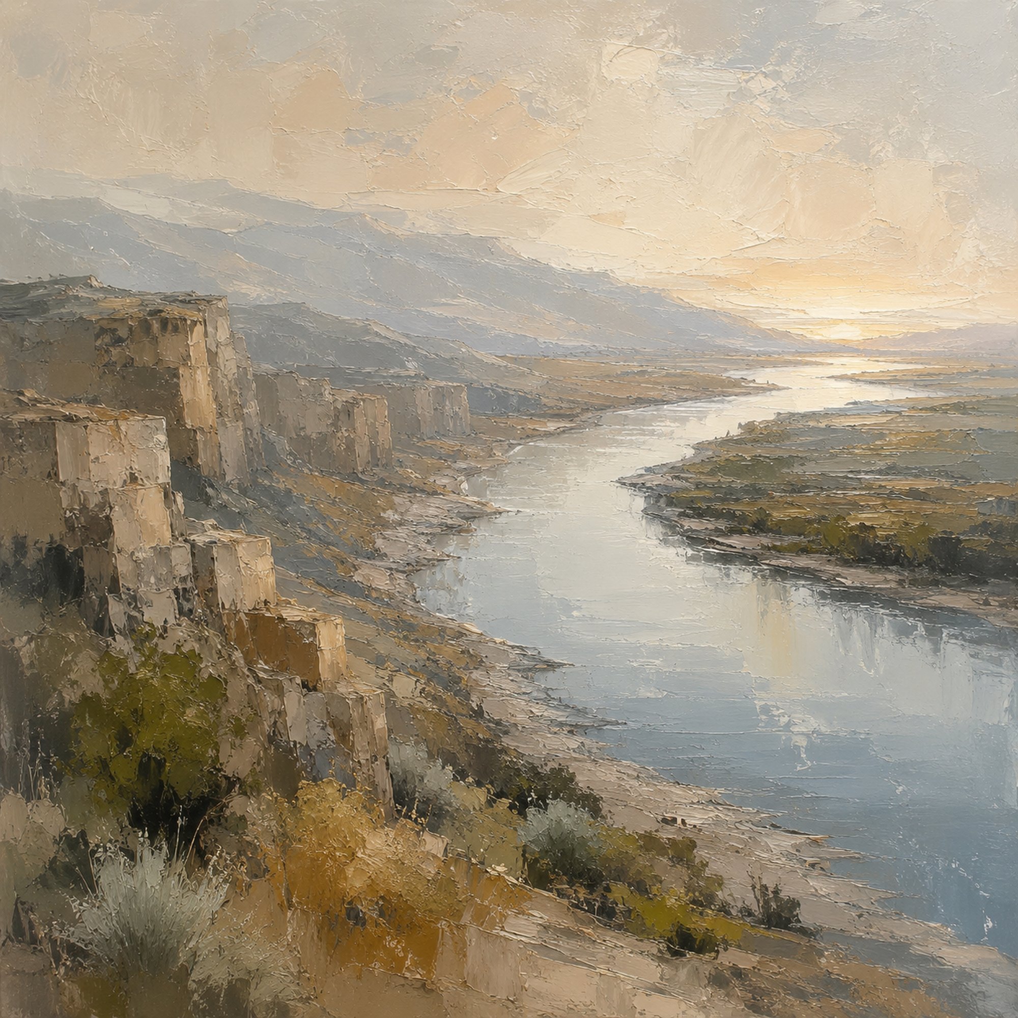 Canyon River IV – silver grey, sage, ochre impressionist oil landscape canvas wall art