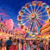 Carnival Night Ferris Wheel – magenta, electric blue, gold vibrant digital painting canvas wall art