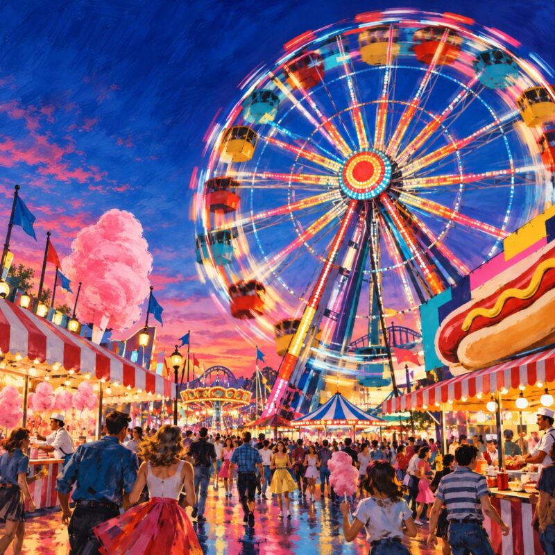 Carnival Night Ferris Wheel – magenta, electric blue, gold vibrant digital painting canvas wall art