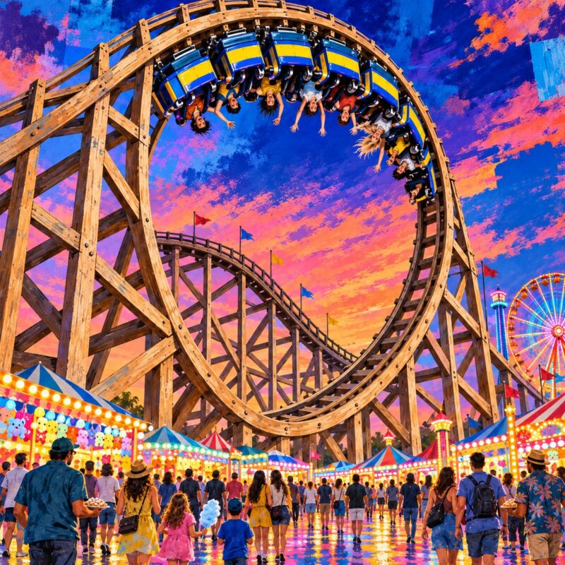 Carnival Night Roller Coaster – magenta, orange, electric blue vibrant digital painting canvas wall art