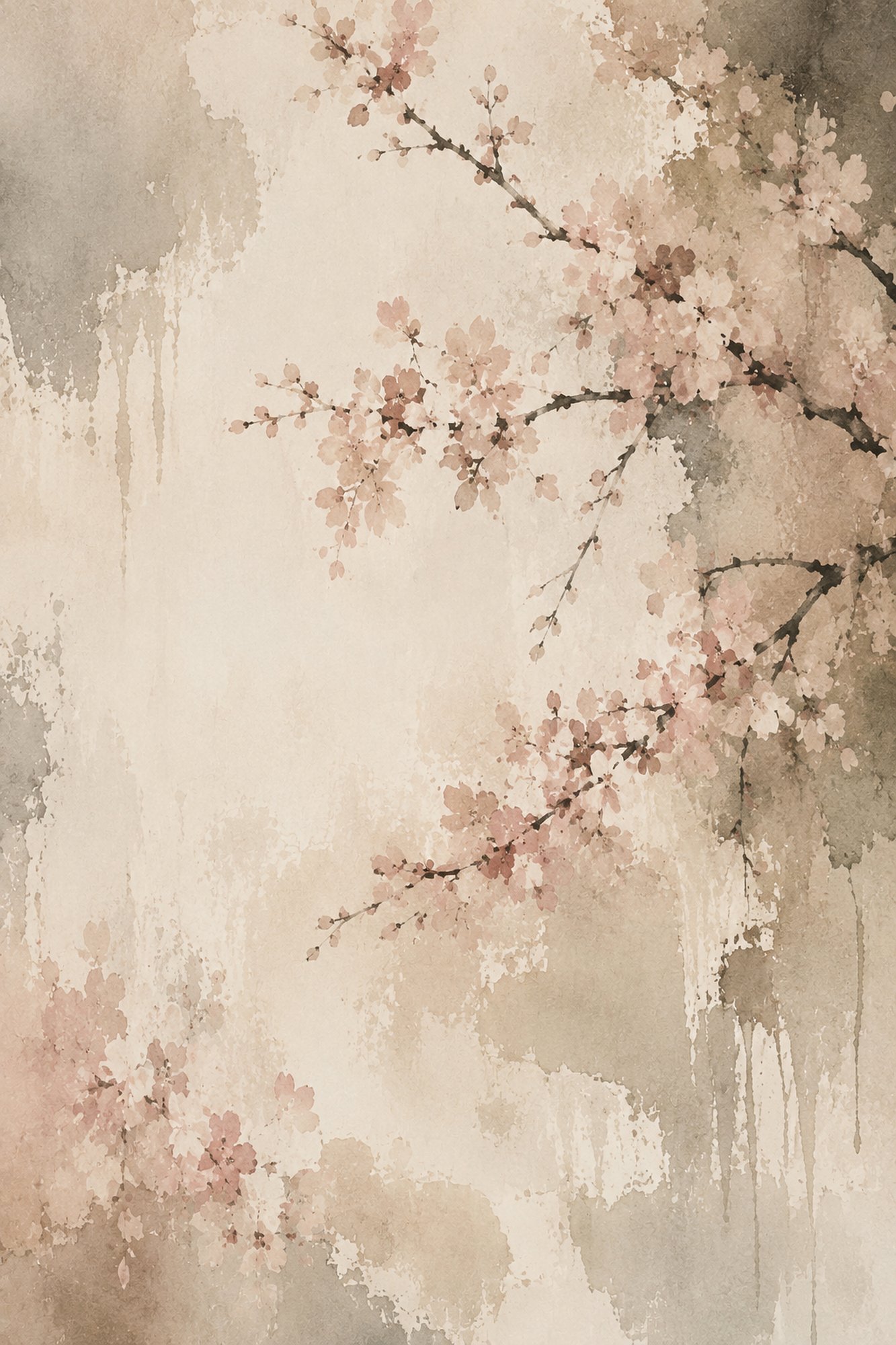 Cherry Blossom Wabi-Sabi I – blush pink, oatmeal, taupe wabi-sabi canvas wall art