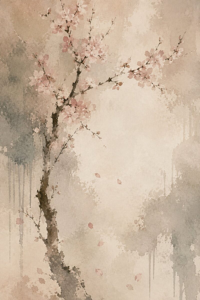 Cherry Blossom Wabi-Sabi II – blush pink, oatmeal, taupe wabi-sabi canvas wall art