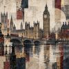 City Collage London – rust, navy, charcoal mixed media collage canvas wall art