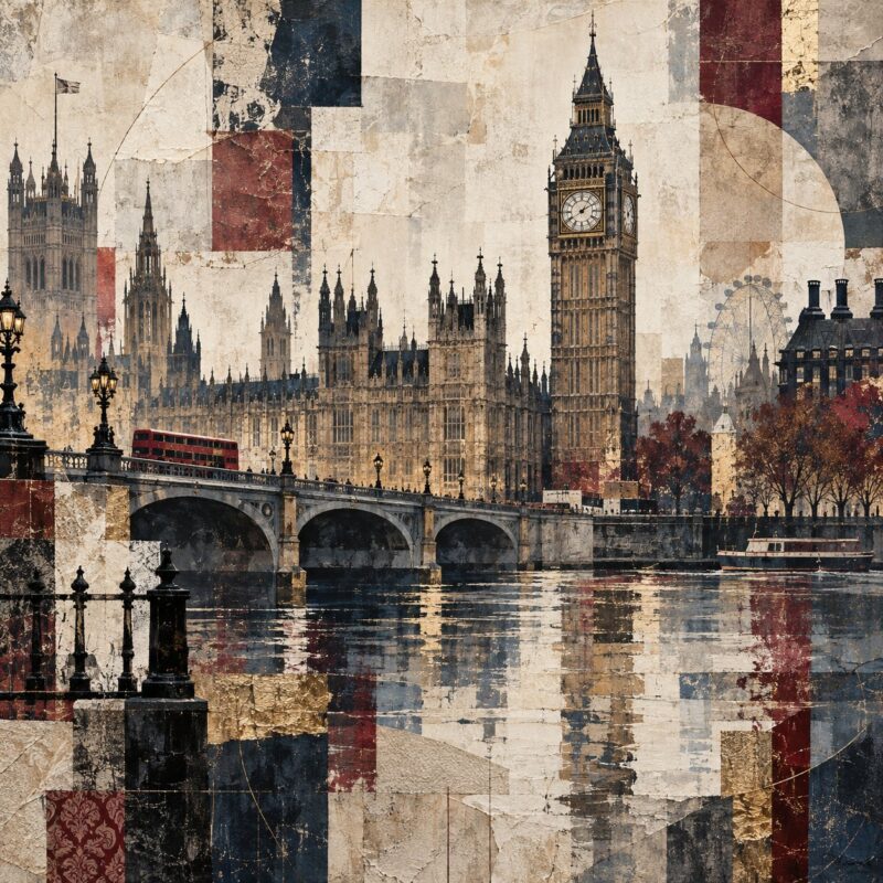 City Collage London – rust, navy, charcoal mixed media collage canvas wall art