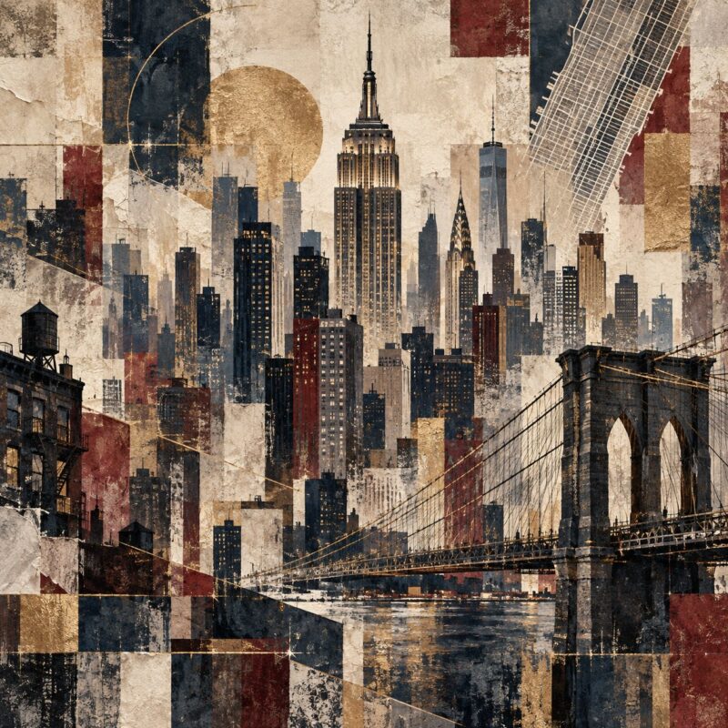 City Collage New York – rust, navy, charcoal mixed media collage canvas wall art
