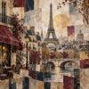 City Collage Paris – rust, navy, charcoal mixed media collage canvas wall art