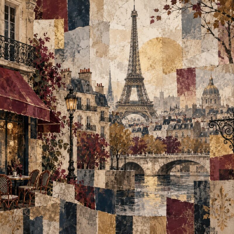 City Collage Paris – rust, navy, charcoal mixed media collage canvas wall art
