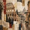 City Collage Rome – rust, navy, charcoal mixed media collage canvas wall art