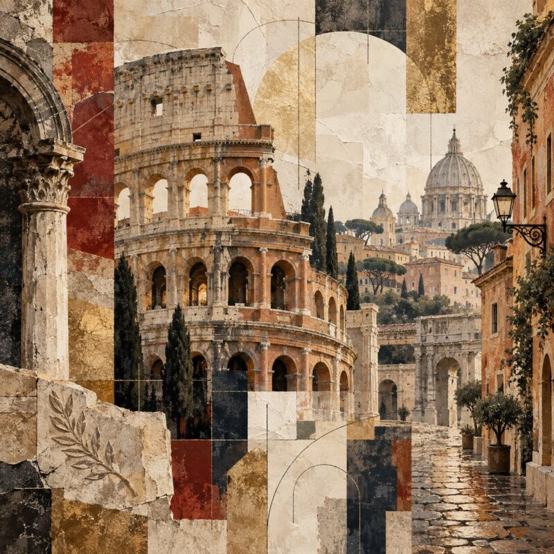 City Collage Rome – rust, navy, charcoal mixed media collage canvas wall art