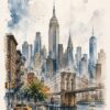 City Sketch I – grey, blue, warm ochre watercolour & ink sketch canvas wall art