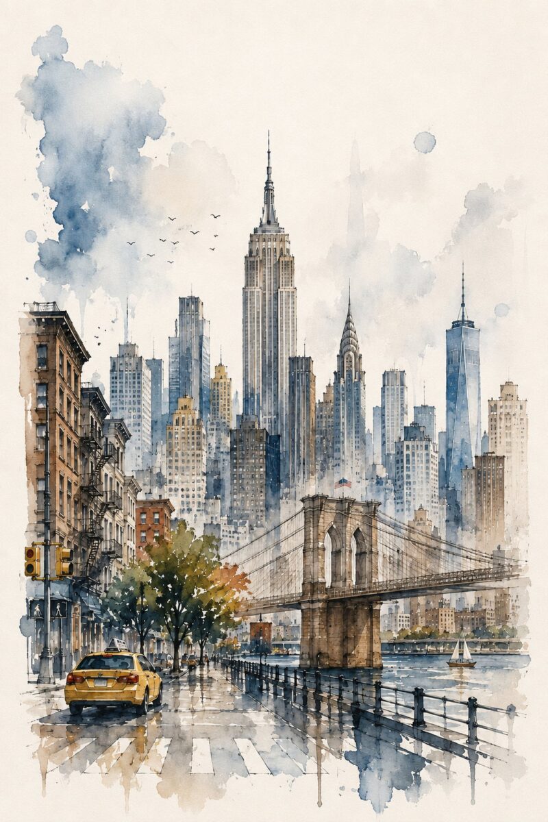 City Sketch I – grey, blue, warm ochre watercolour & ink sketch canvas wall art