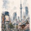 City Sketch II – grey, blue, warm ochre watercolour & ink sketch canvas wall art