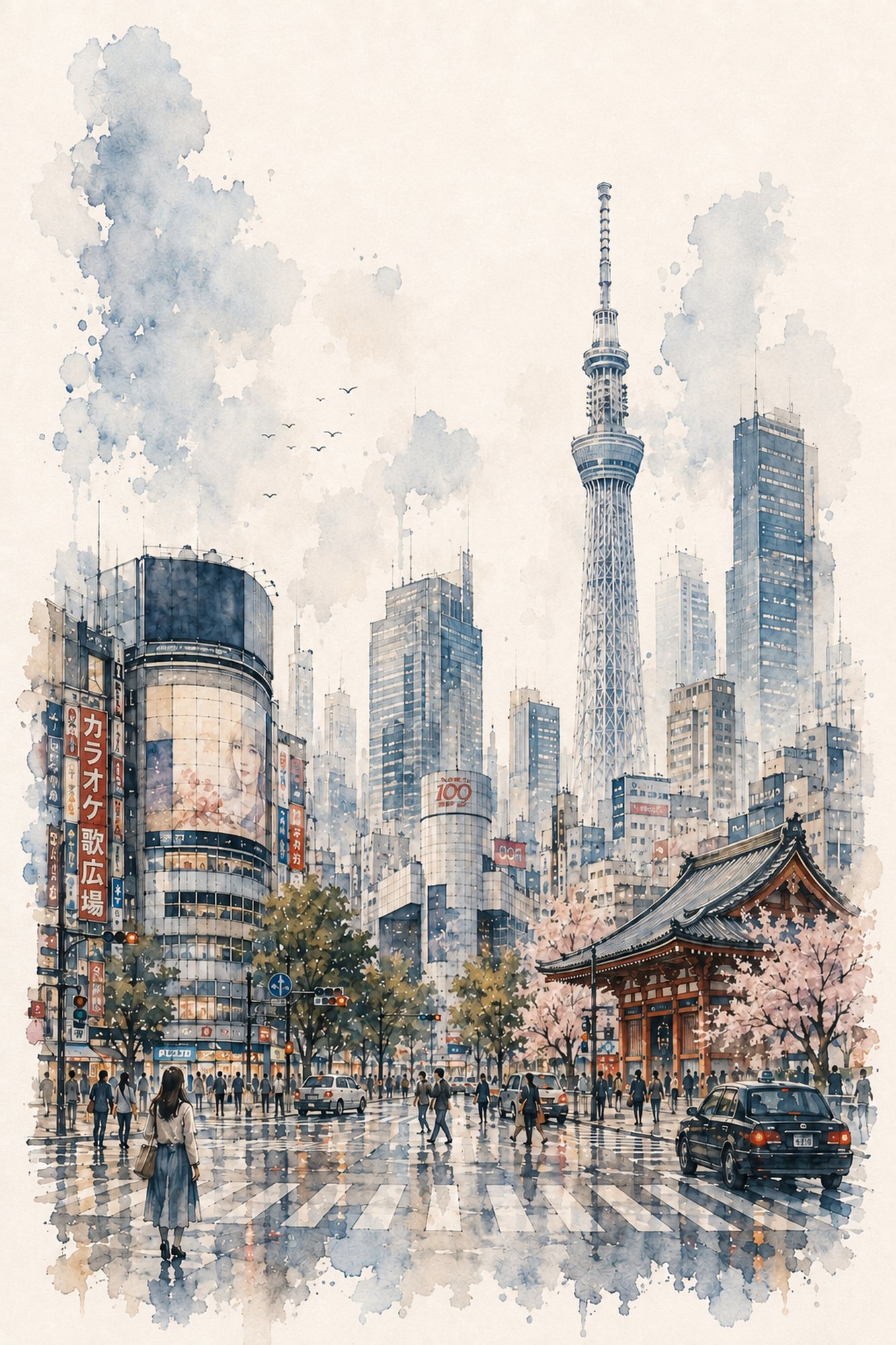 City Sketch II – grey, blue, warm ochre watercolour & ink sketch canvas wall art