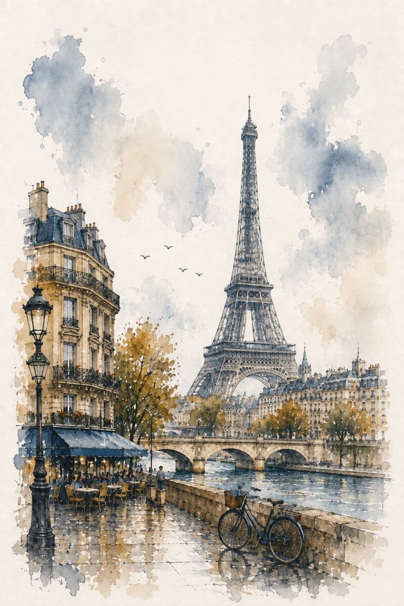 City Sketch III – grey, blue, warm ochre watercolour & ink sketch canvas wall art