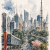 City Sketch IV – grey, blue, warm ochre watercolour & ink sketch canvas wall art