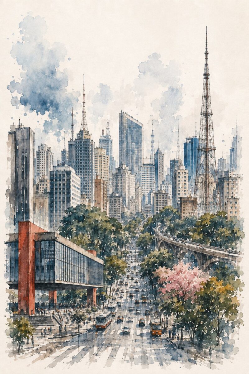 City Sketch IV – grey, blue, warm ochre watercolour & ink sketch canvas wall art