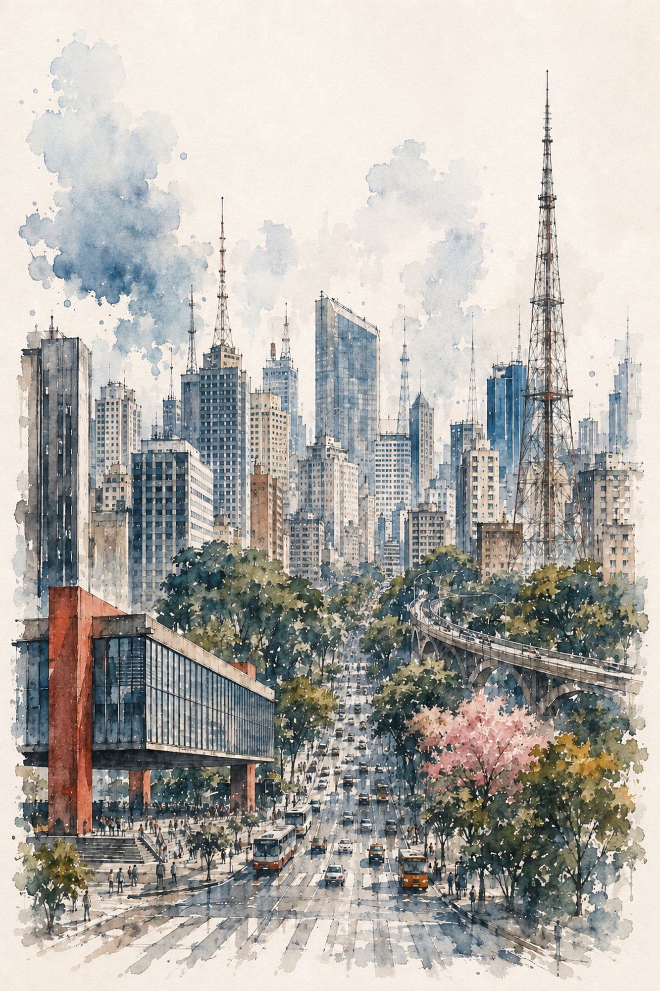 City Sketch IV – grey, blue, warm ochre watercolour & ink sketch canvas wall art