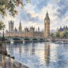 City Sketch London Skyline – grey, blue, warm ochre watercolour & ink sketch canvas wall art