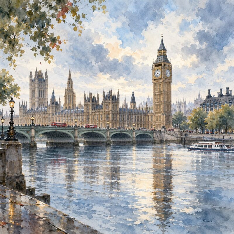 City Sketch London Skyline – grey, blue, warm ochre watercolour & ink sketch canvas wall art