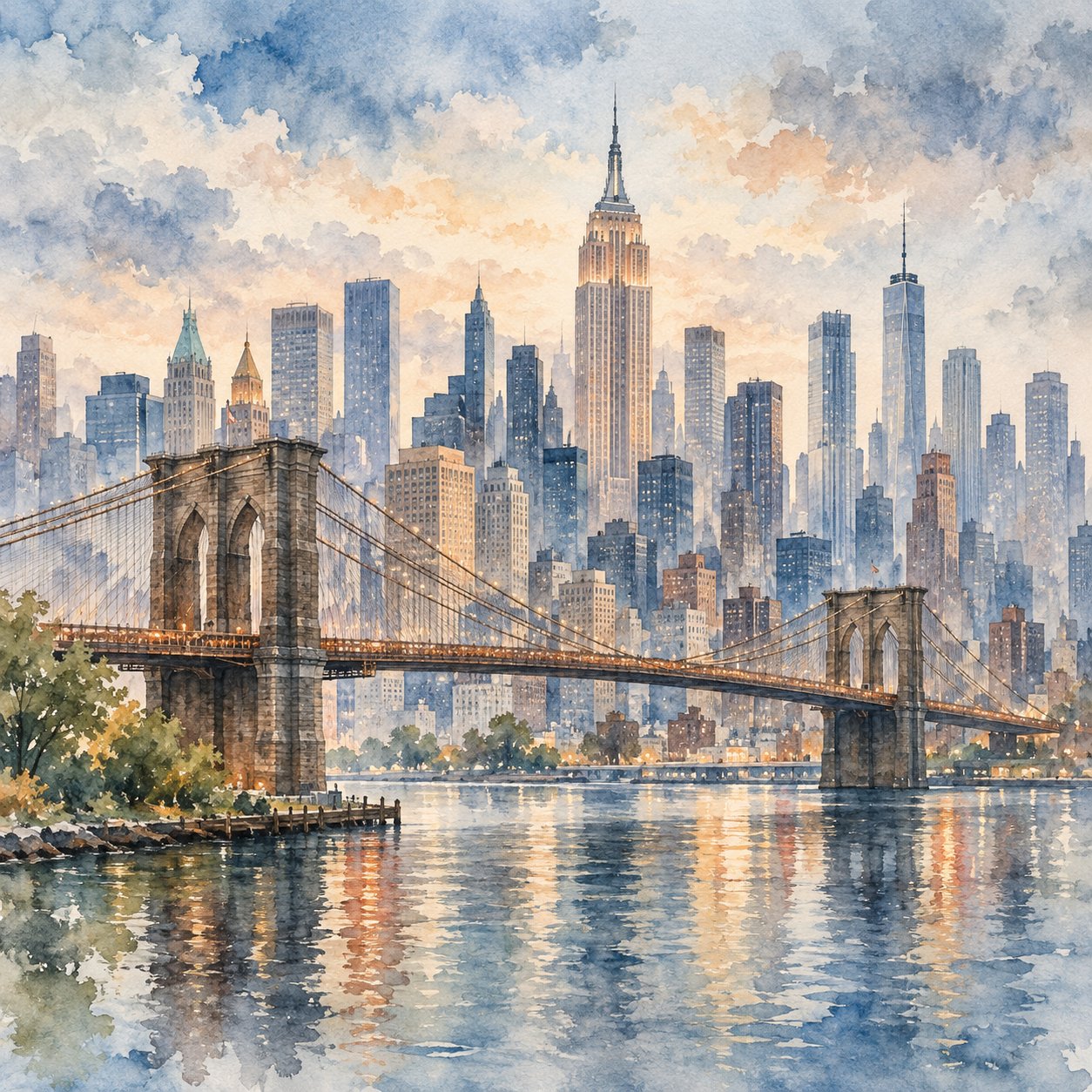 City Sketch New York Skyline – grey, blue, warm ochre watercolour & ink sketch canvas wall art