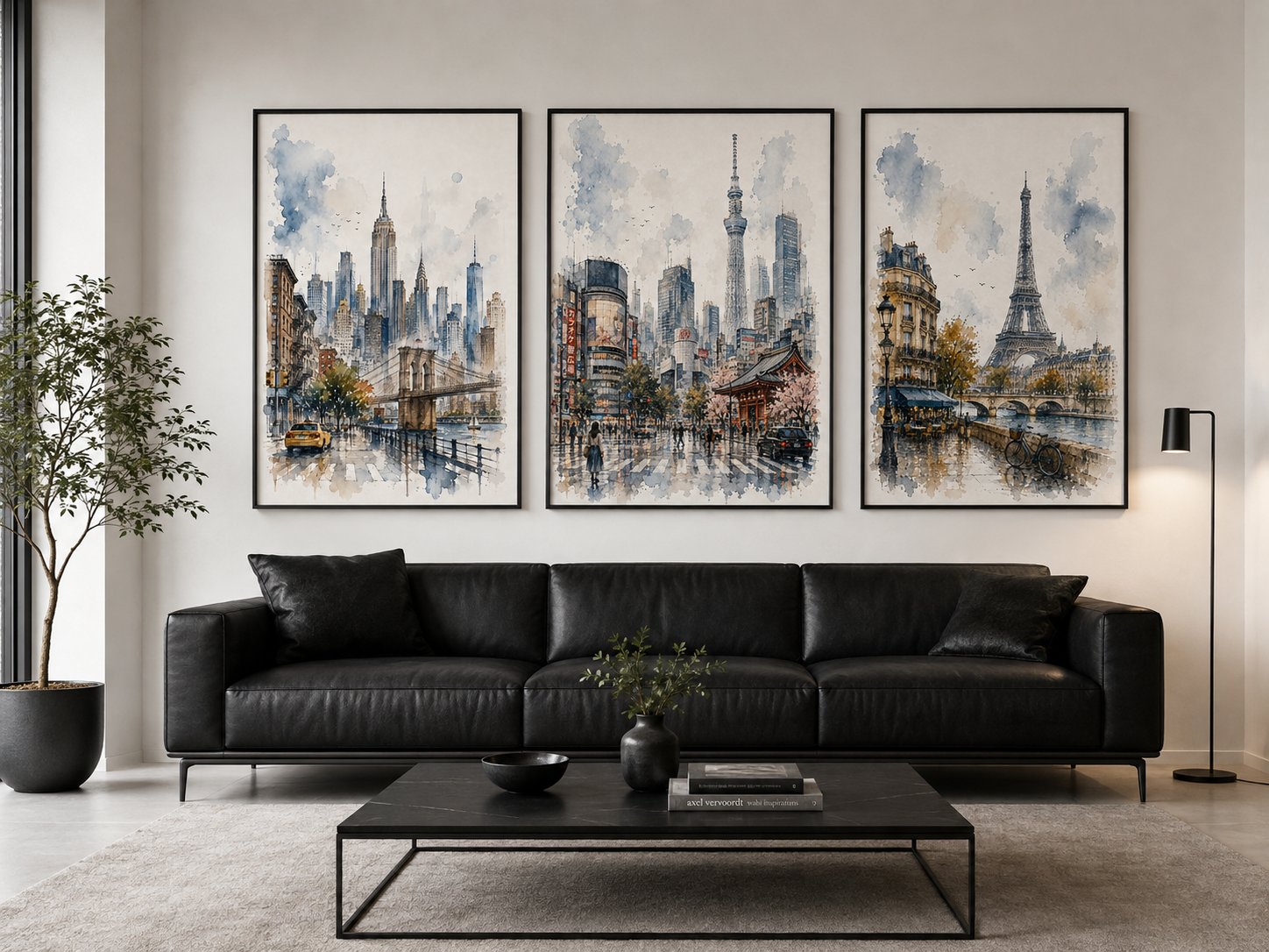 City Sketch watercolour & ink sketch canvas wall art styled in an interior