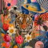 Cosmic Tiger Collage – orange, navy, pink maximalist pop collage canvas wall art
