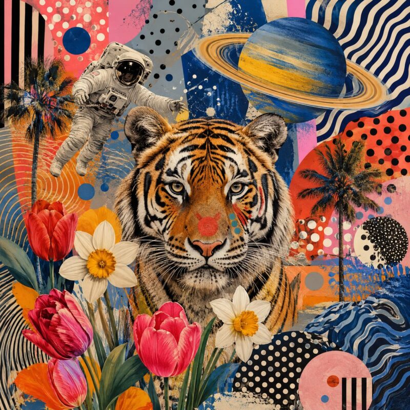 Cosmic Tiger Collage – orange, navy, pink maximalist pop collage canvas wall art