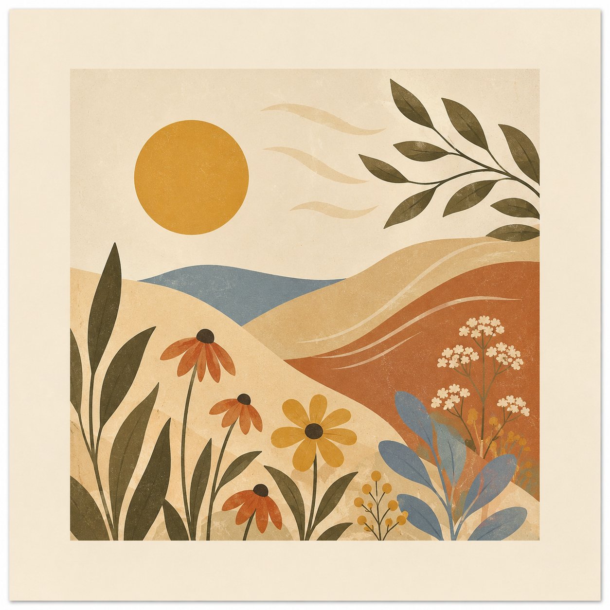 Desert Sun II – terracotta, mustard, dusty blue boho minimal landscape canvas wall art