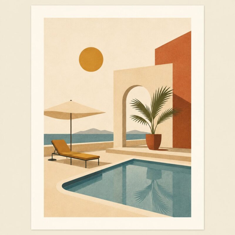Desert Sun III – terracotta, mustard, dusty blue boho minimal landscape canvas wall art