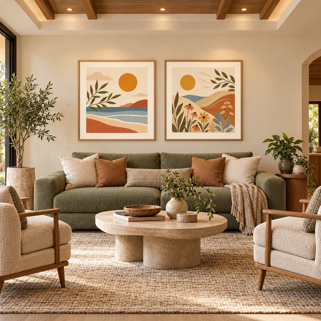 Desert Sun boho minimal landscape canvas wall art styled in an interior