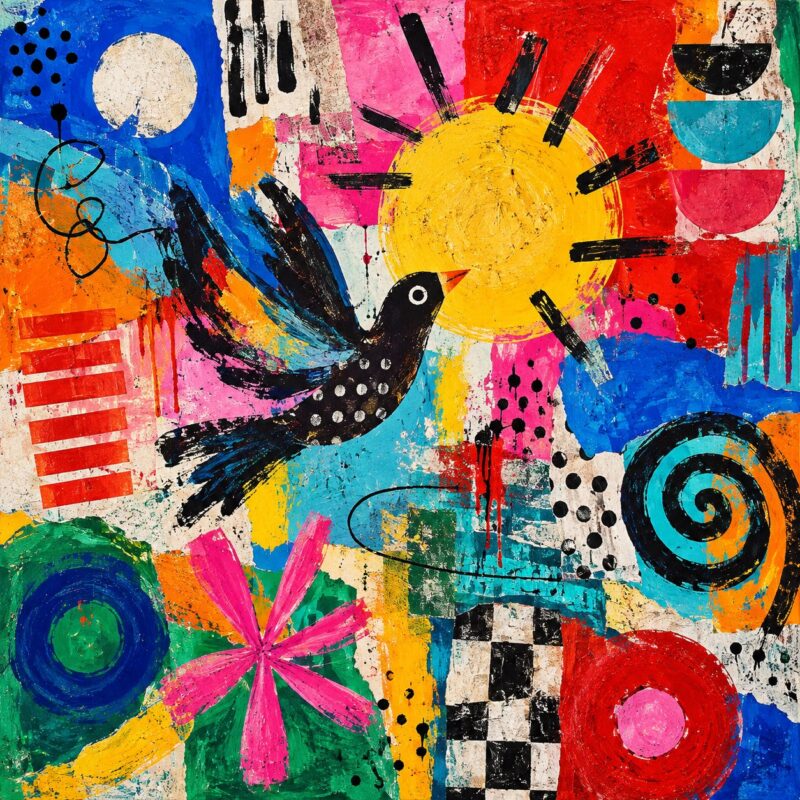 Folk Bird Maximalist – red, cobalt, yellow maximalist folk abstract canvas wall art