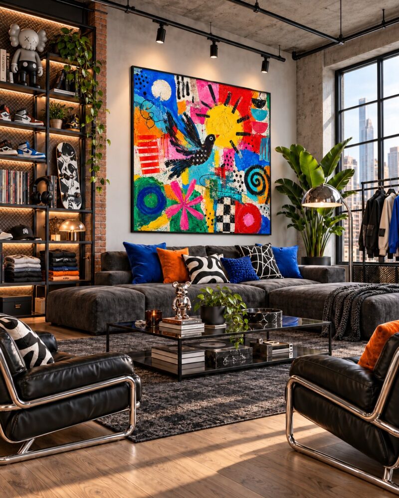 Folk Bird Maximalist maximalist folk abstract canvas wall art styled in an interior