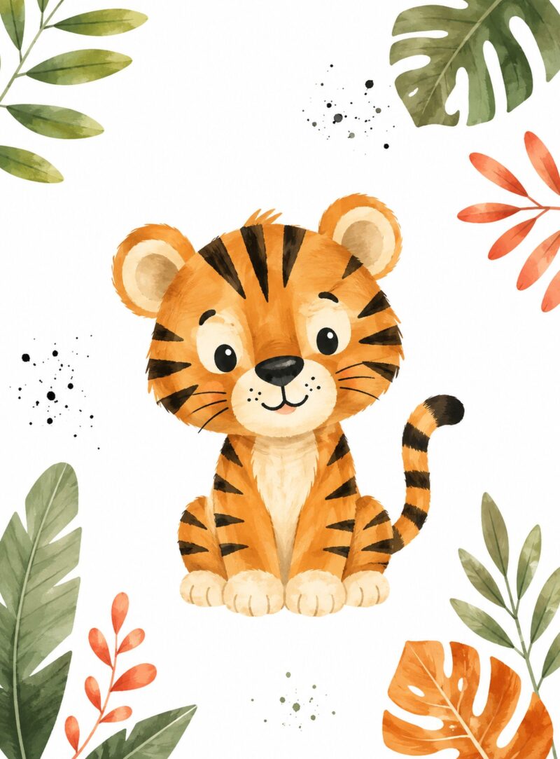Jungle Friends I – orange, green, coral watercolour illustration canvas wall art